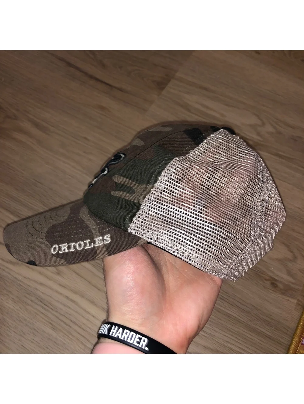 BALTIMORE ORIOLES FAN FAVORITE CAMO MESH TRUCKER SNAPBACK HAT ADJUSTABLE ARMY